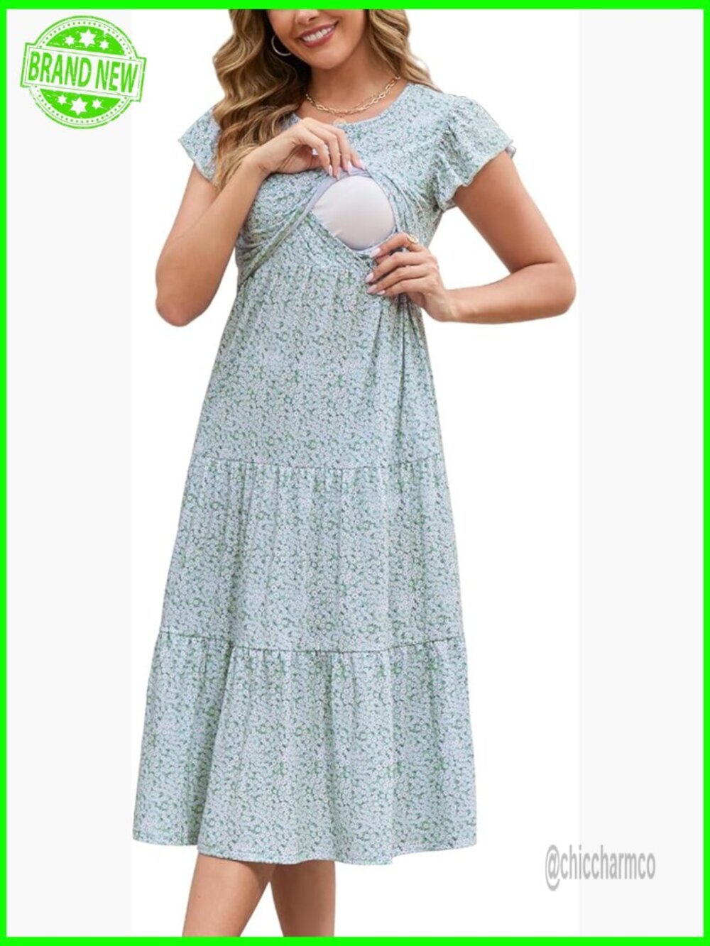 Nursing Dress Flutter Sleeve Crew Neck Tiered Maternity Midi Casual